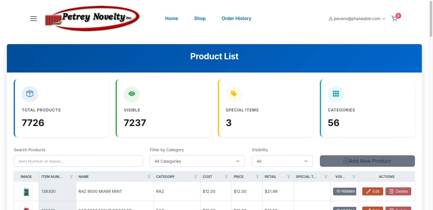 Petrey Novelty ordering portal